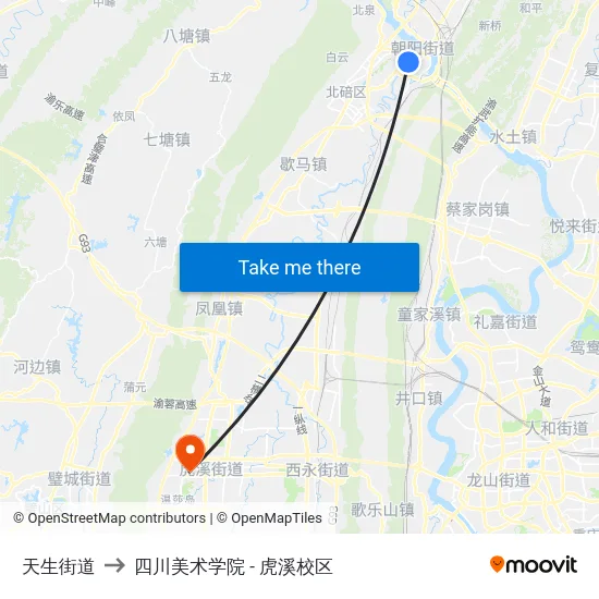 天生街道 to 四川美术学院 - 虎溪校区 map