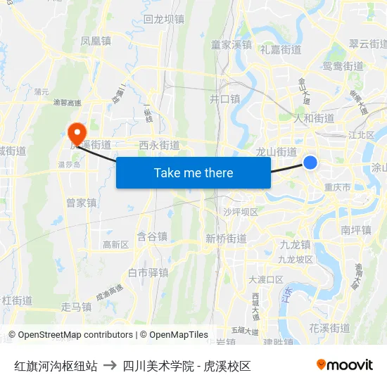 红旗河沟枢纽站 to 四川美术学院 - 虎溪校区 map