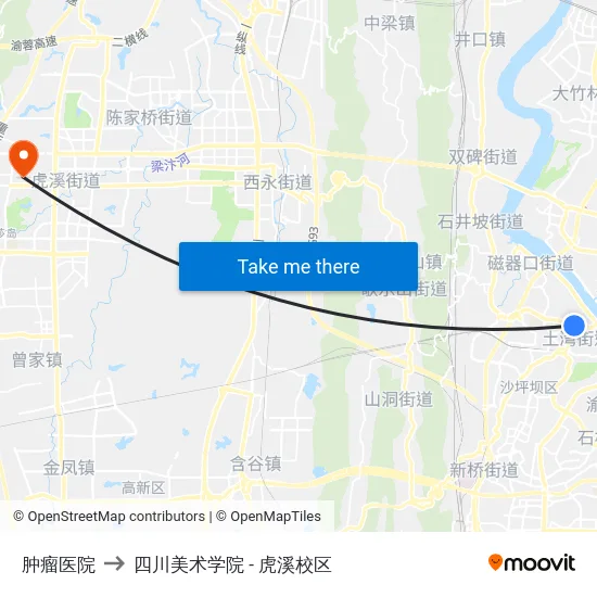 肿瘤医院 to 四川美术学院 - 虎溪校区 map
