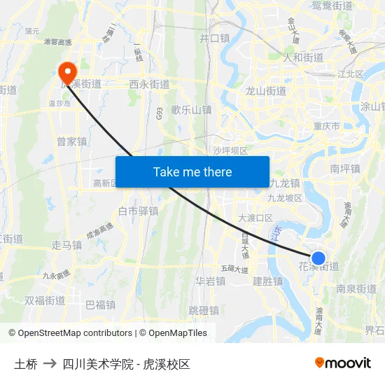 土桥 to 四川美术学院 - 虎溪校区 map
