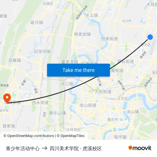青少年活动中心 to 四川美术学院 - 虎溪校区 map