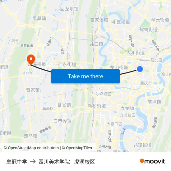 皇冠中学 to 四川美术学院 - 虎溪校区 map
