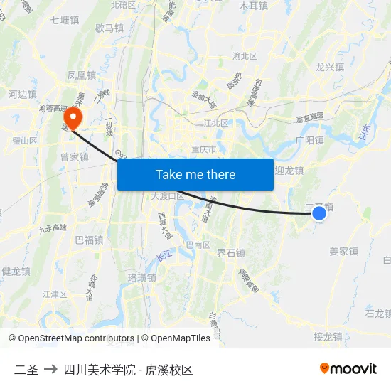 二圣 to 四川美术学院 - 虎溪校区 map