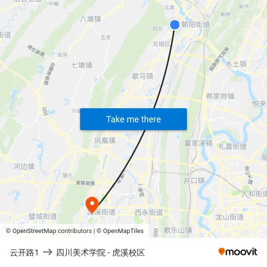 云开路1 to 四川美术学院 - 虎溪校区 map