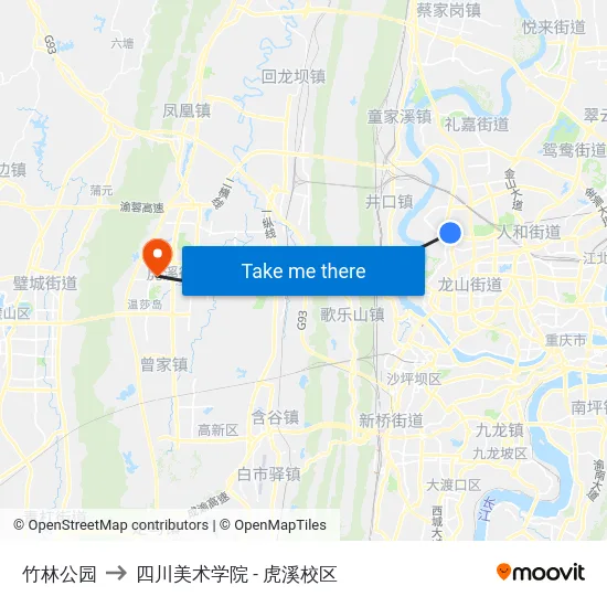 竹林公园 to 四川美术学院 - 虎溪校区 map