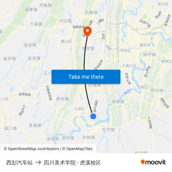 西彭汽车站 to 四川美术学院 - 虎溪校区 map
