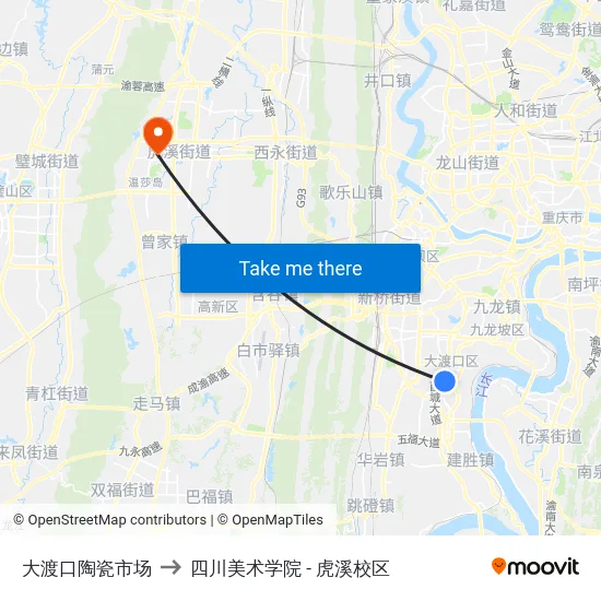 大渡口陶瓷市场 to 四川美术学院 - 虎溪校区 map