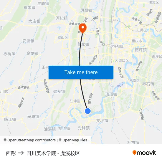 西彭 to 四川美术学院 - 虎溪校区 map