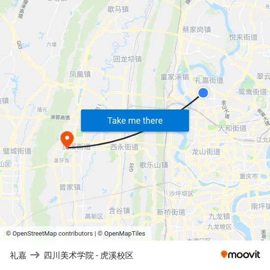礼嘉 to 四川美术学院 - 虎溪校区 map