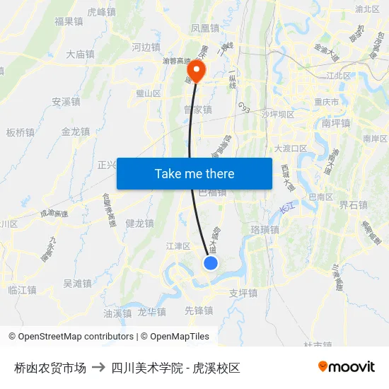 桥凼农贸市场 to 四川美术学院 - 虎溪校区 map