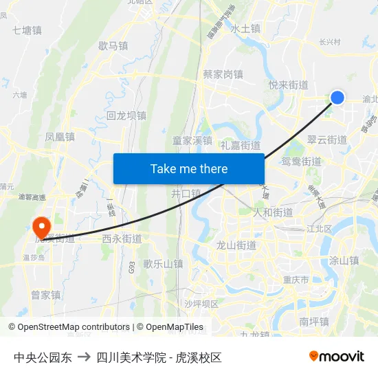 中央公园东 to 四川美术学院 - 虎溪校区 map