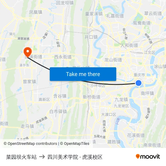 菜园坝火车站 to 四川美术学院 - 虎溪校区 map