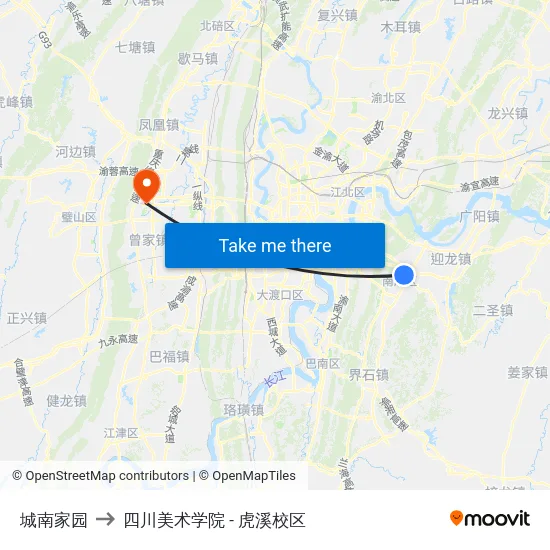 城南家园 to 四川美术学院 - 虎溪校区 map