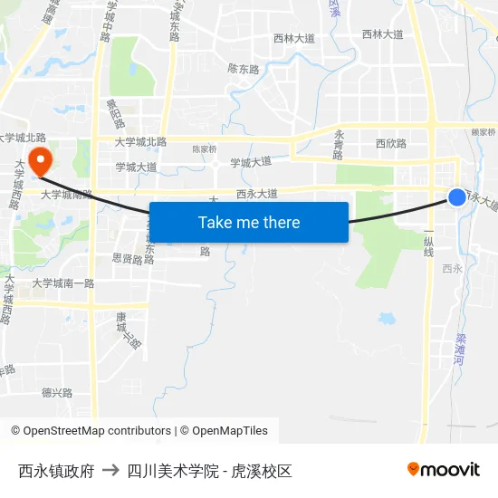 西永镇政府 to 四川美术学院 - 虎溪校区 map