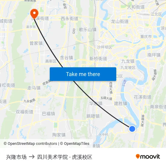 兴隆市场 to 四川美术学院 - 虎溪校区 map