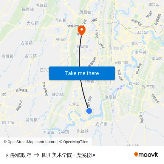 西彭镇政府 to 四川美术学院 - 虎溪校区 map
