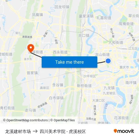 龙溪建材市场 to 四川美术学院 - 虎溪校区 map