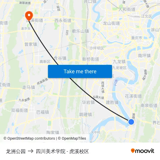 龙洲公园 to 四川美术学院 - 虎溪校区 map