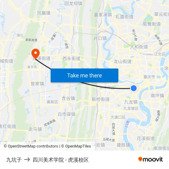九坑子 to 四川美术学院 - 虎溪校区 map