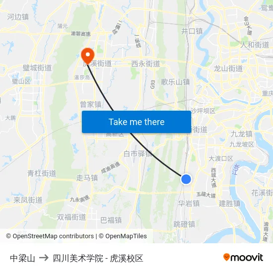 中梁山 to 四川美术学院 - 虎溪校区 map