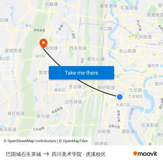 巴国城石生茶城 to 四川美术学院 - 虎溪校区 map