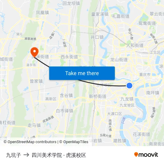 九坑子 to 四川美术学院 - 虎溪校区 map