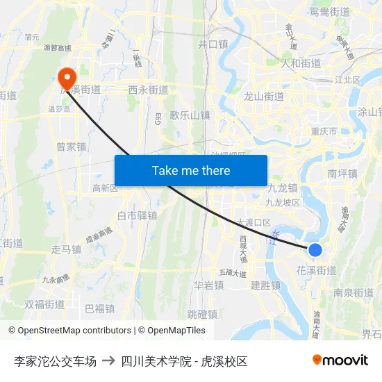 李家沱公交车场 to 四川美术学院 - 虎溪校区 map
