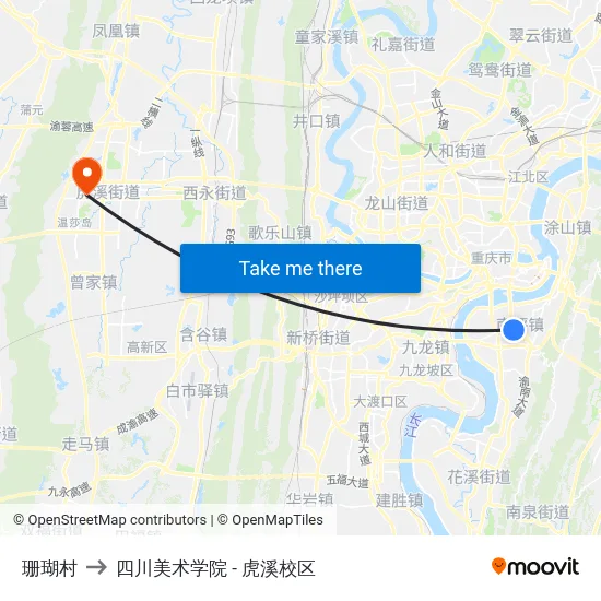 珊瑚村 to 四川美术学院 - 虎溪校区 map