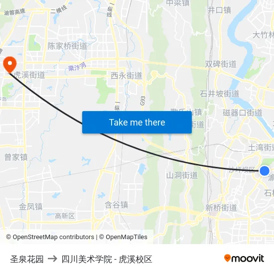 圣泉花园 to 四川美术学院 - 虎溪校区 map