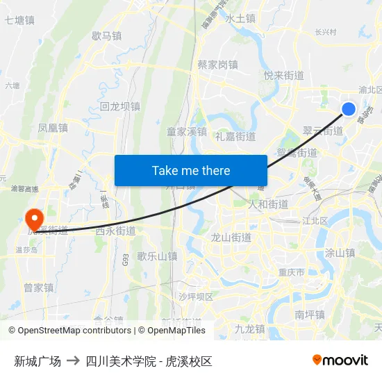新城广场 to 四川美术学院 - 虎溪校区 map