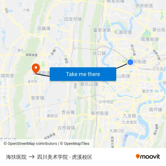 海扶医院 to 四川美术学院 - 虎溪校区 map