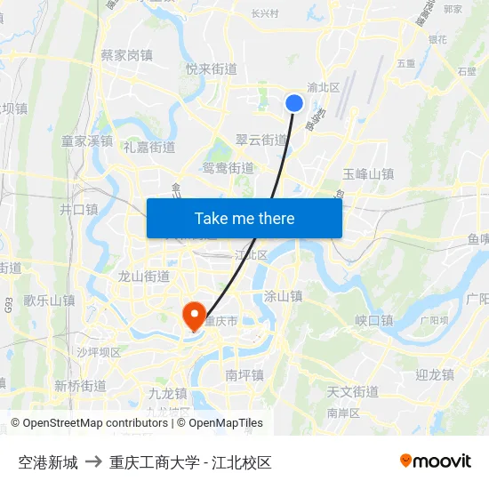 空港新城 to 重庆工商大学 - 江北校区 map
