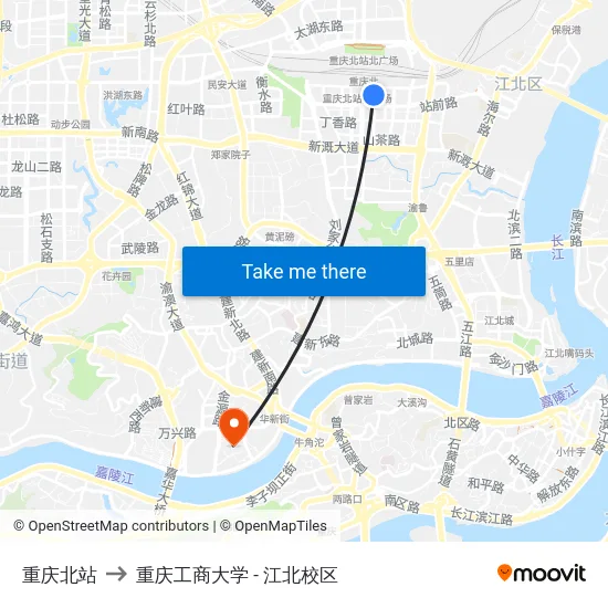重庆北站 to 重庆工商大学 - 江北校区 map