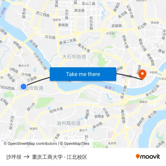 沙坪坝 to 重庆工商大学 - 江北校区 map