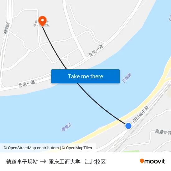 轨道李子坝站 to 重庆工商大学 - 江北校区 map