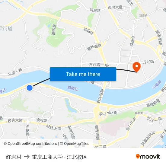 红岩村 to 重庆工商大学 - 江北校区 map