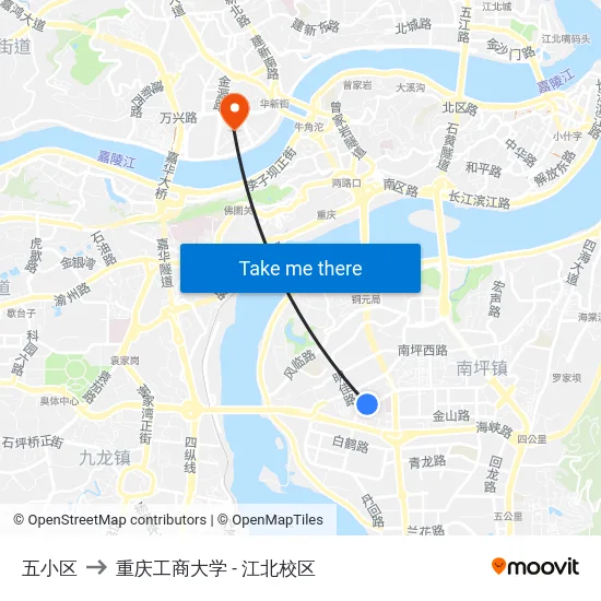 五小区 to 重庆工商大学 - 江北校区 map