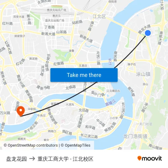 盘龙花园 to 重庆工商大学 - 江北校区 map