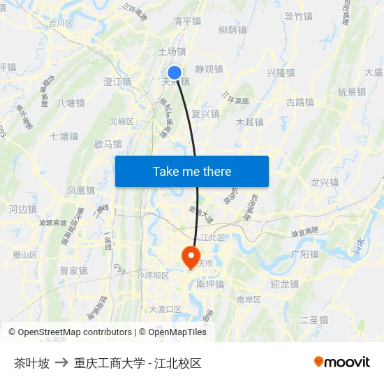 茶叶坡 to 重庆工商大学 - 江北校区 map