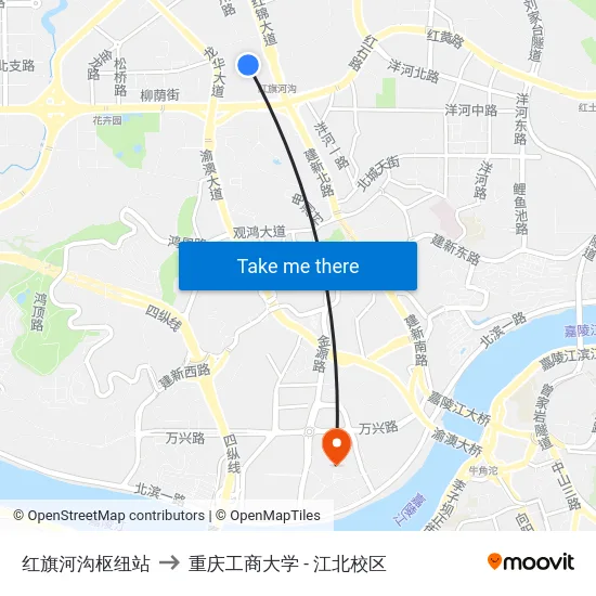 红旗河沟枢纽站 to 重庆工商大学 - 江北校区 map