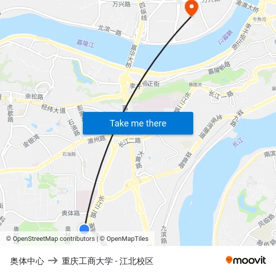 奥体中心 to 重庆工商大学 - 江北校区 map