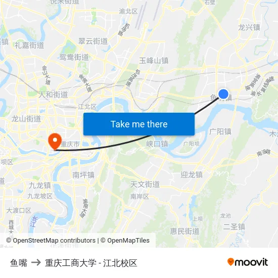 鱼嘴 to 重庆工商大学 - 江北校区 map