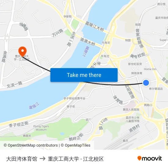 大田湾体育馆 to 重庆工商大学 - 江北校区 map