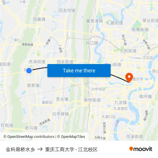 金科廊桥水乡 to 重庆工商大学 - 江北校区 map