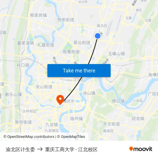 渝北区计生委 to 重庆工商大学 - 江北校区 map