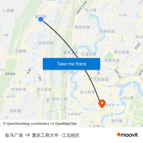 歇马广场 to 重庆工商大学 - 江北校区 map