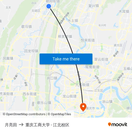 月亮田 to 重庆工商大学 - 江北校区 map