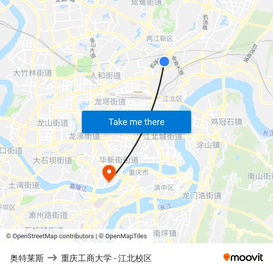 奥特莱斯 to 重庆工商大学 - 江北校区 map