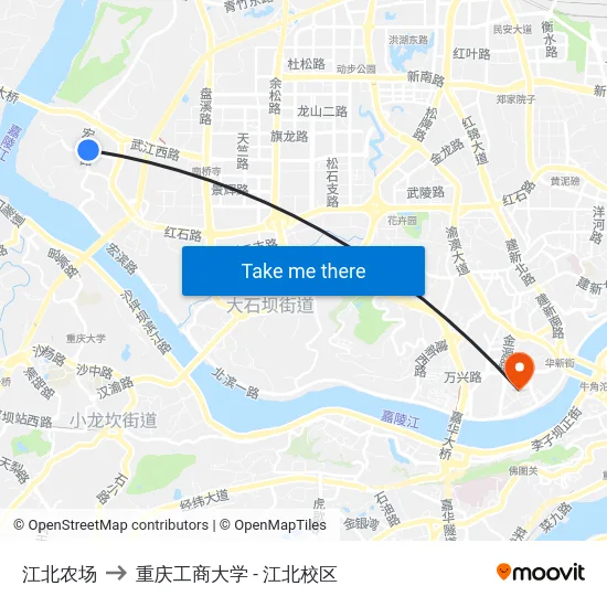 江北农场 to 重庆工商大学 - 江北校区 map
