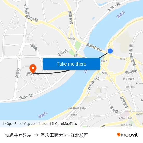 轨道牛角沱站 to 重庆工商大学 - 江北校区 map
